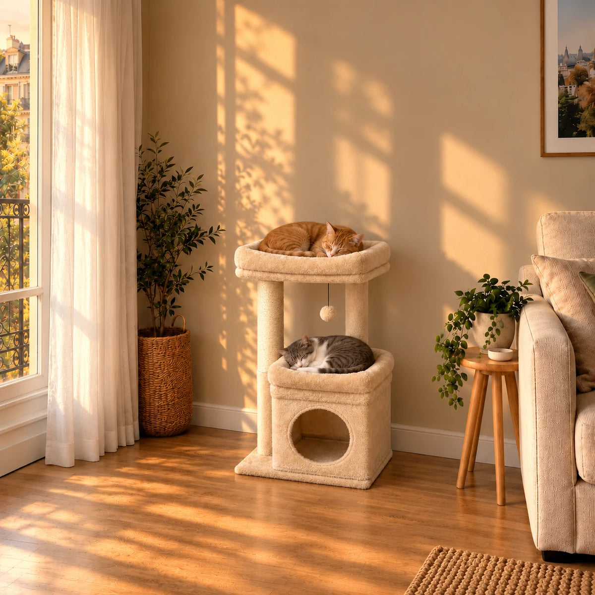 Arbre à chat Buttercream dans le même salon au coucher du soleil avec deux chats endormis