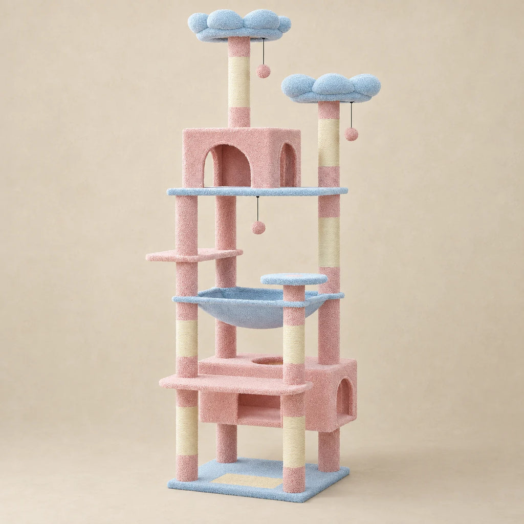 Arbre à chat Daisy rose et bleu de 184 cm, vue complète sur fond beige