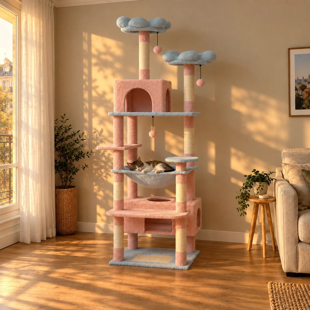 Arbre à chat Daisy dans un salon au coucher du soleil, chat endormi dans le hamac