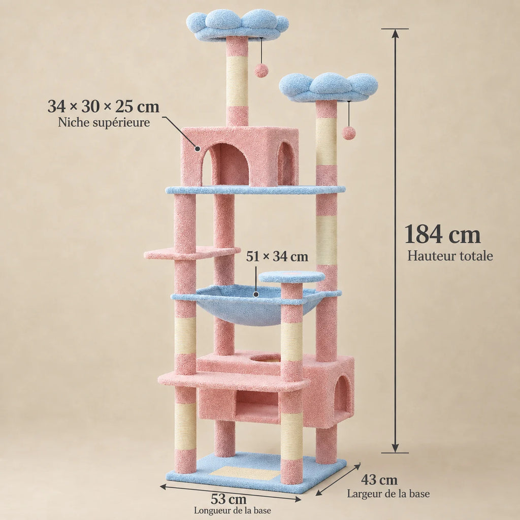 Dimensions de l’arbre à chat Daisy : hauteur 184 cm, base 53 × 43 cm, niche 34 × 30 × 25 cm, hamac 51 × 34 cm