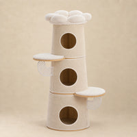 Arbre à chat Wren beige de 112 cm avec trois niches rondes, deux marches et perchoir fleur sur fond beige