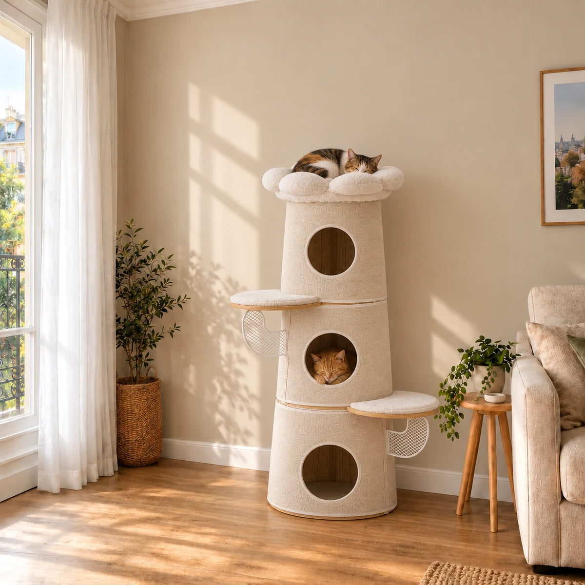 Arbre à chat Wren beige dans un salon avec un chat endormi sur la fleur et un autre dans la niche centrale