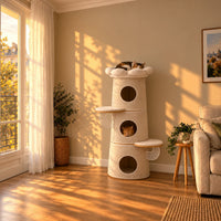Arbre à chat Wren beige dans un salon au coucher du soleil avec deux chats endormis