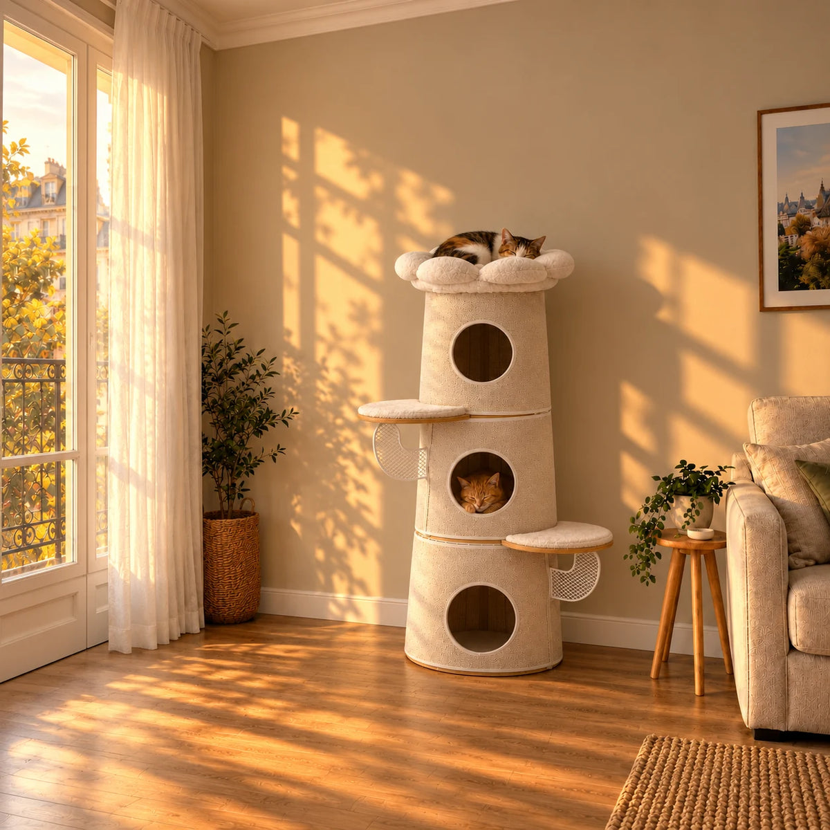 Arbre à chat Wren beige dans un salon au coucher du soleil avec deux chats endormis