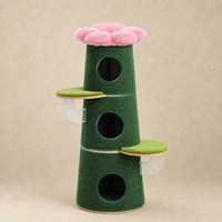 Arbre à chat Fern vert sapin de 112 cm avec trois niches et perchoir fleur rose sur fond beige