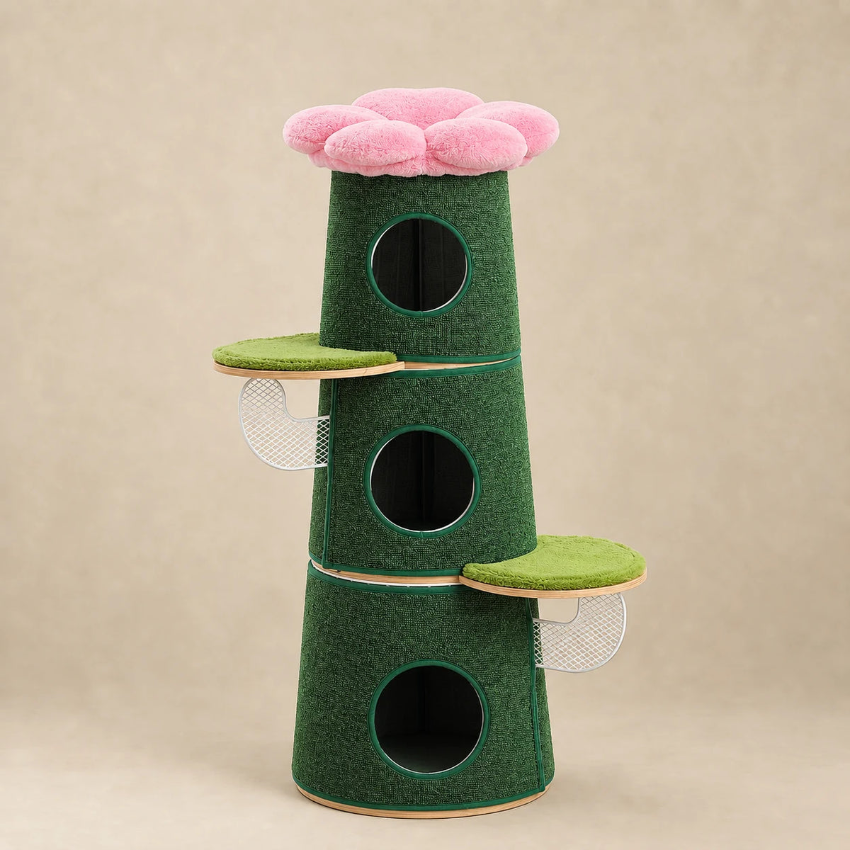 Arbre à chat Fern vert sapin de 112 cm avec trois niches et perchoir fleur rose sur fond beige