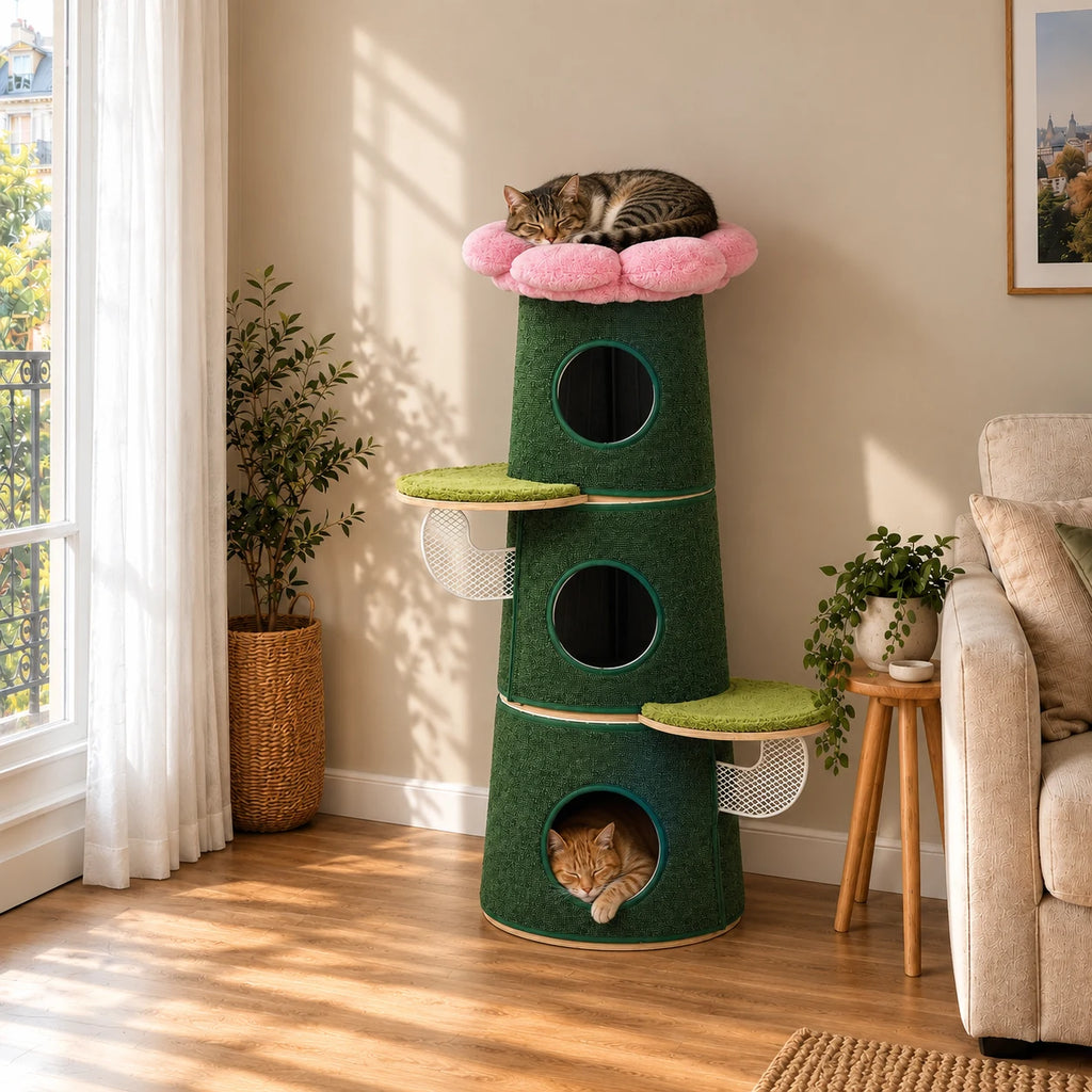 Arbre à chat Fern vert dans un salon avec deux chats endormis, trois niches et perchoir fleur rose