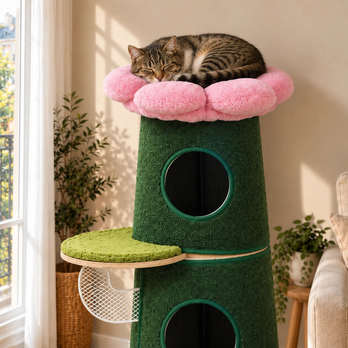 Chat tigré endormi sur le perchoir fleur rose de l’arbre à chat Fern vert sapin