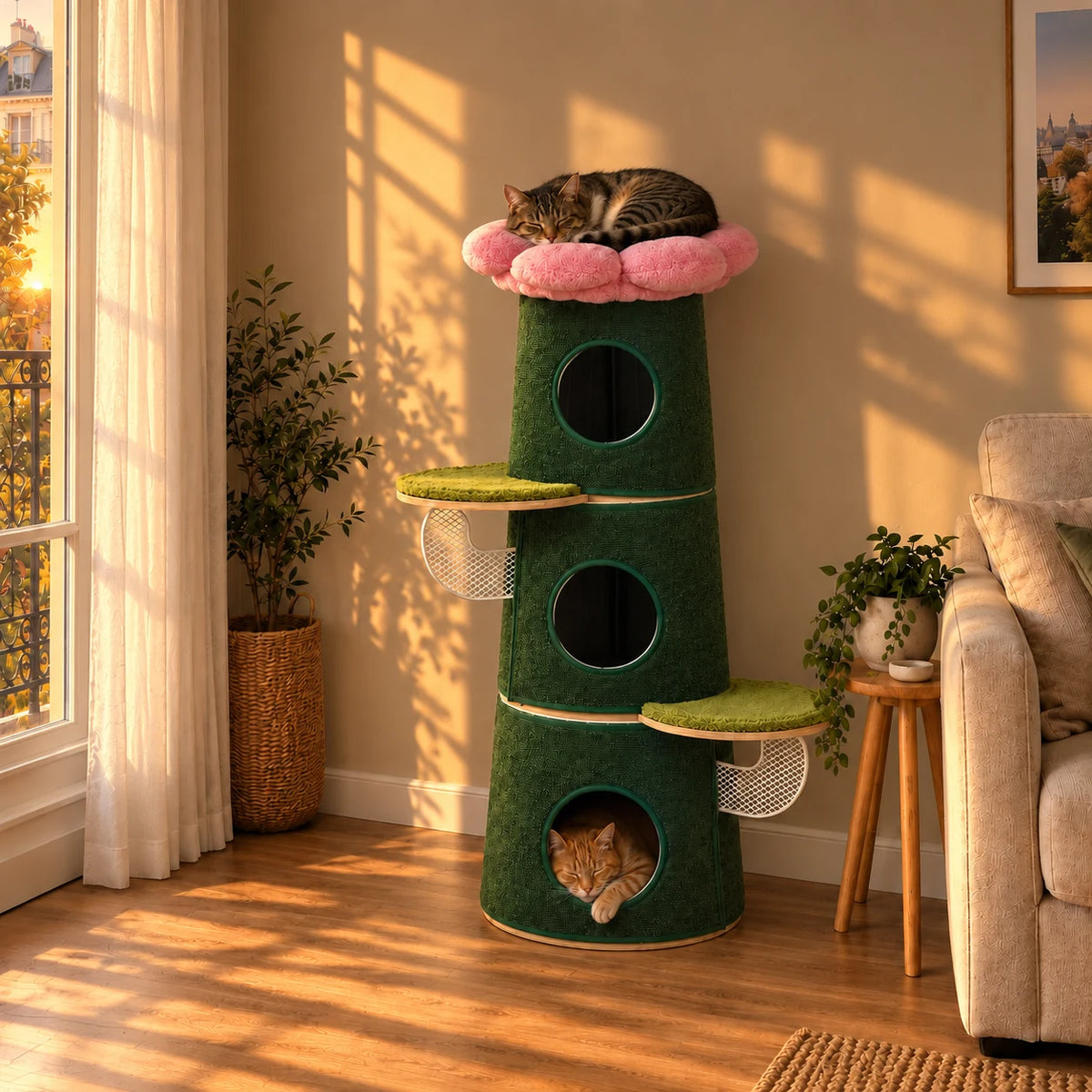 Arbre à chat Fern vert sapin dans un salon au coucher du soleil avec deux chats endormis