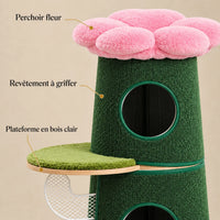 Détails du revêtement à griffer vert, du perchoir fleur rose et de la plateforme en bois clair de Fern
