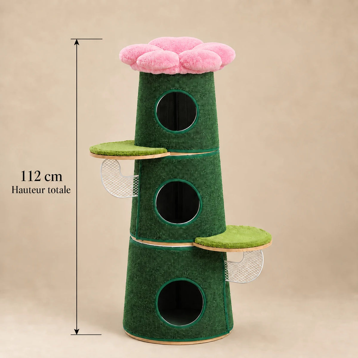 Dimensions de l’arbre à chat Fern vert sapin : hauteur totale de 112 cm et trois niches superposées