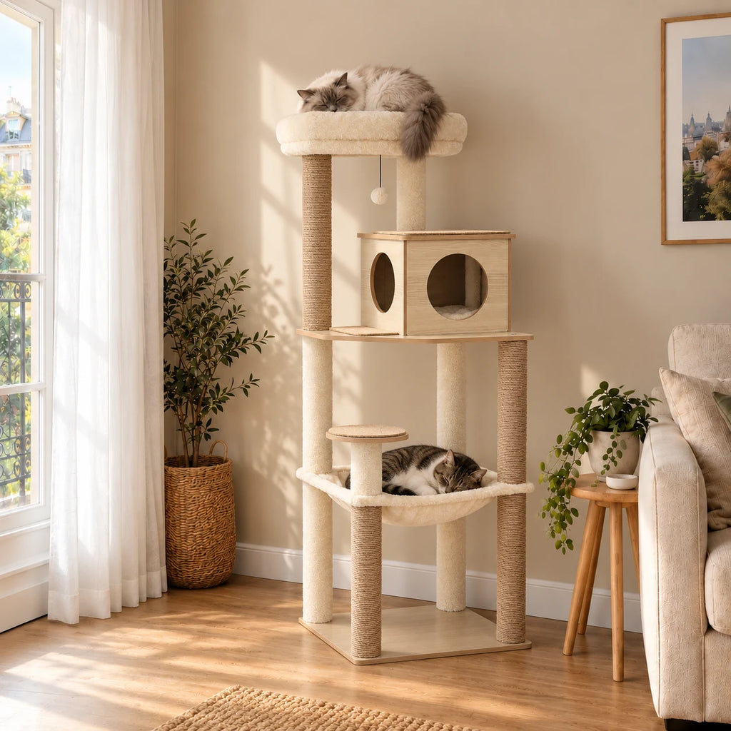 Arbre à chat Cedar effet bois dans un salon avec deux chats endormis sur le lit haut et dans le hamac