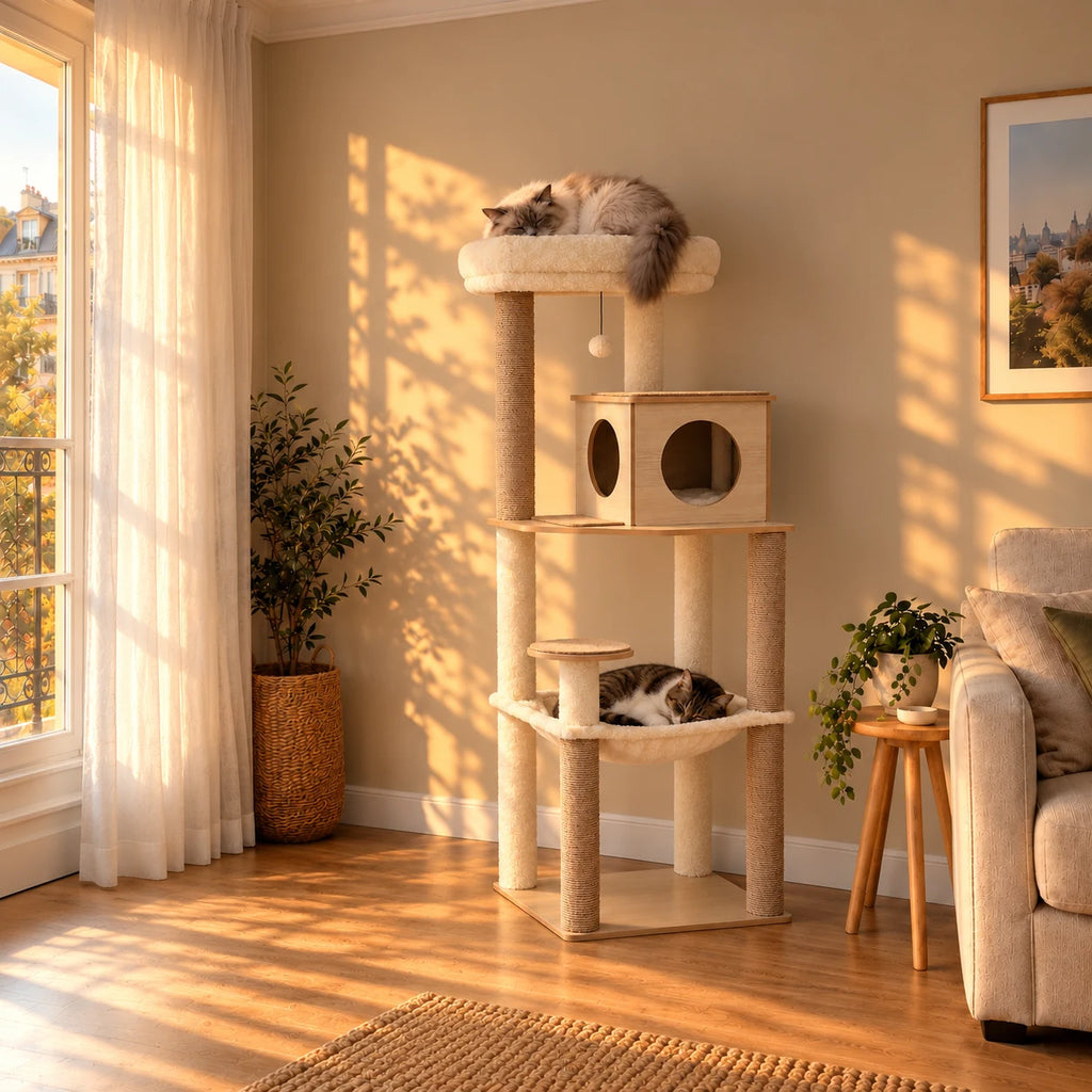 Arbre à chat Cedar beige et effet bois dans un salon au coucher du soleil avec deux chats endormis