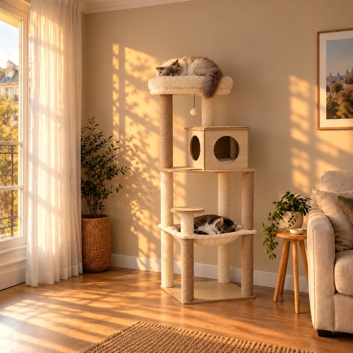 Arbre à chat Cedar beige et effet bois dans un salon au coucher du soleil avec deux chats endormis