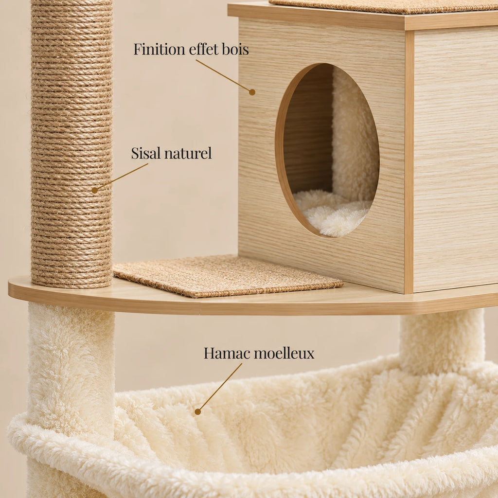Détails de la niche effet bois, du sisal naturel et du hamac moelleux de l’arbre à chat Cedar