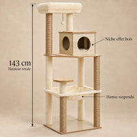 Dimensions de l’arbre à chat Cedar effet bois et beige : hauteur totale de 143 cm