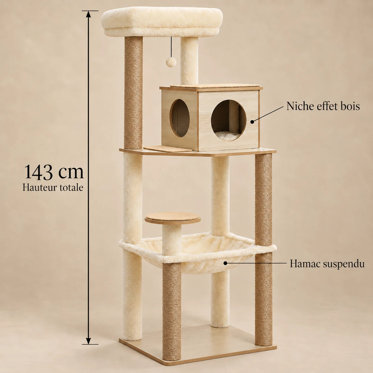 Dimensions de l’arbre à chat Cedar effet bois et beige : hauteur totale de 143 cm
