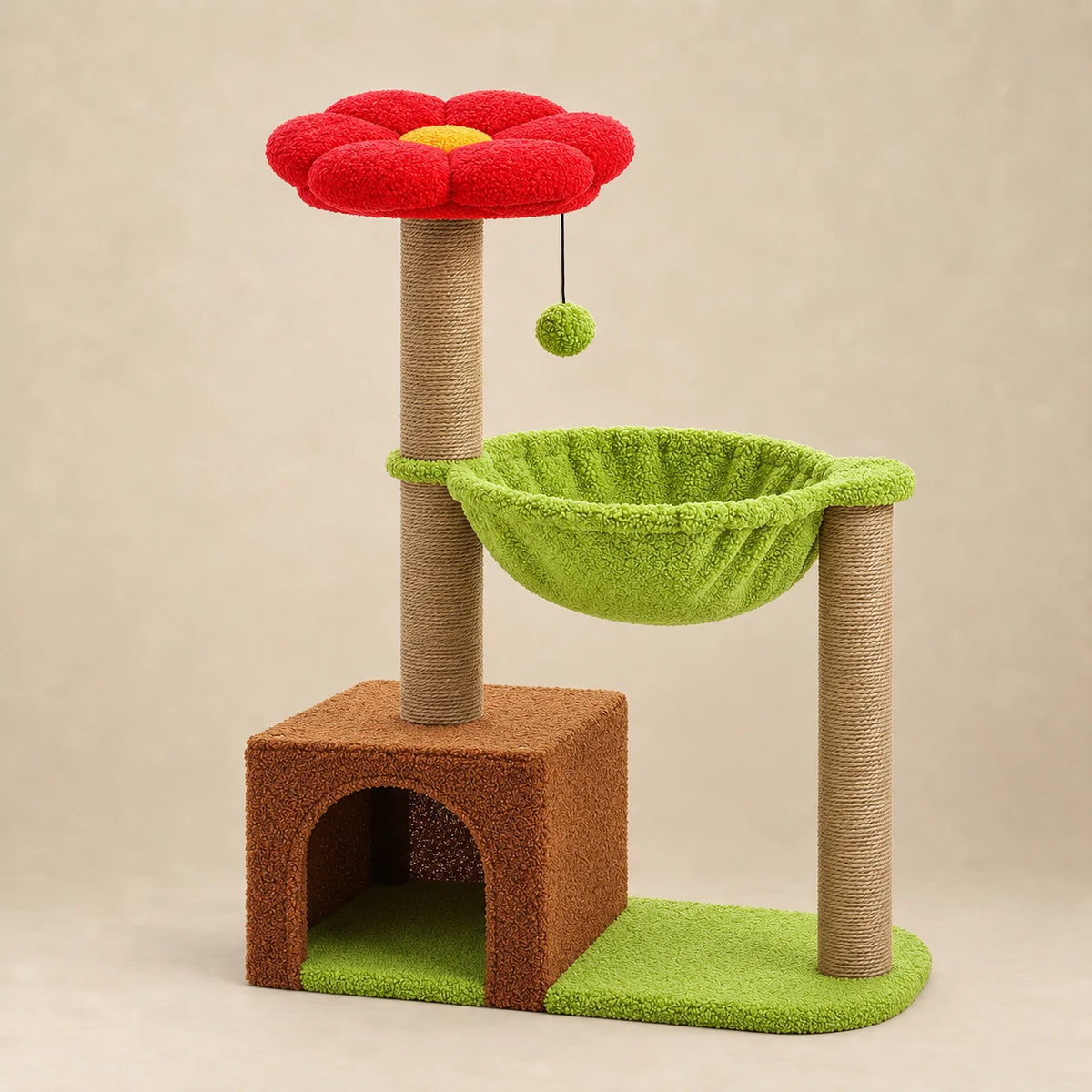 Arbre à chat Hickory brun et vert de 93 cm avec perchoir fleur rouge, hamac vert, niche brune et griffoirs en sisal sur fond beige