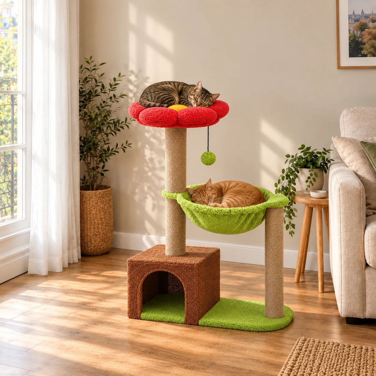 Arbre à chat fleur Hickory dans un salon avec deux chats endormis sur le perchoir rouge et dans le hamac vert