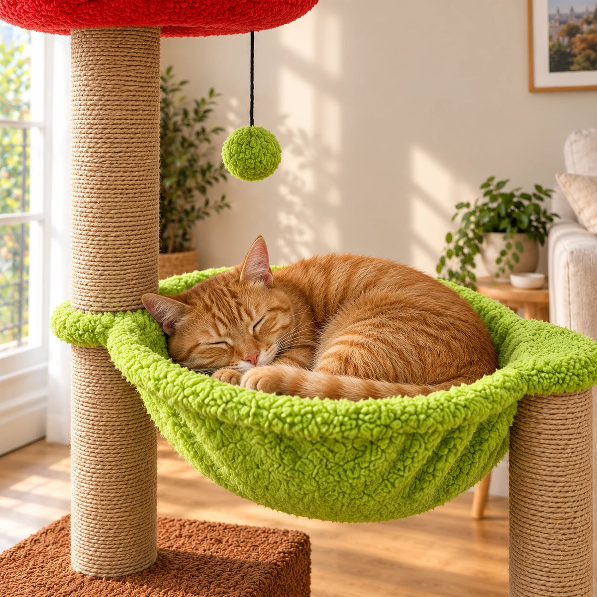 Gros plan d’un chat roux endormi dans le hamac vert de l’arbre à chat fleur Hickory