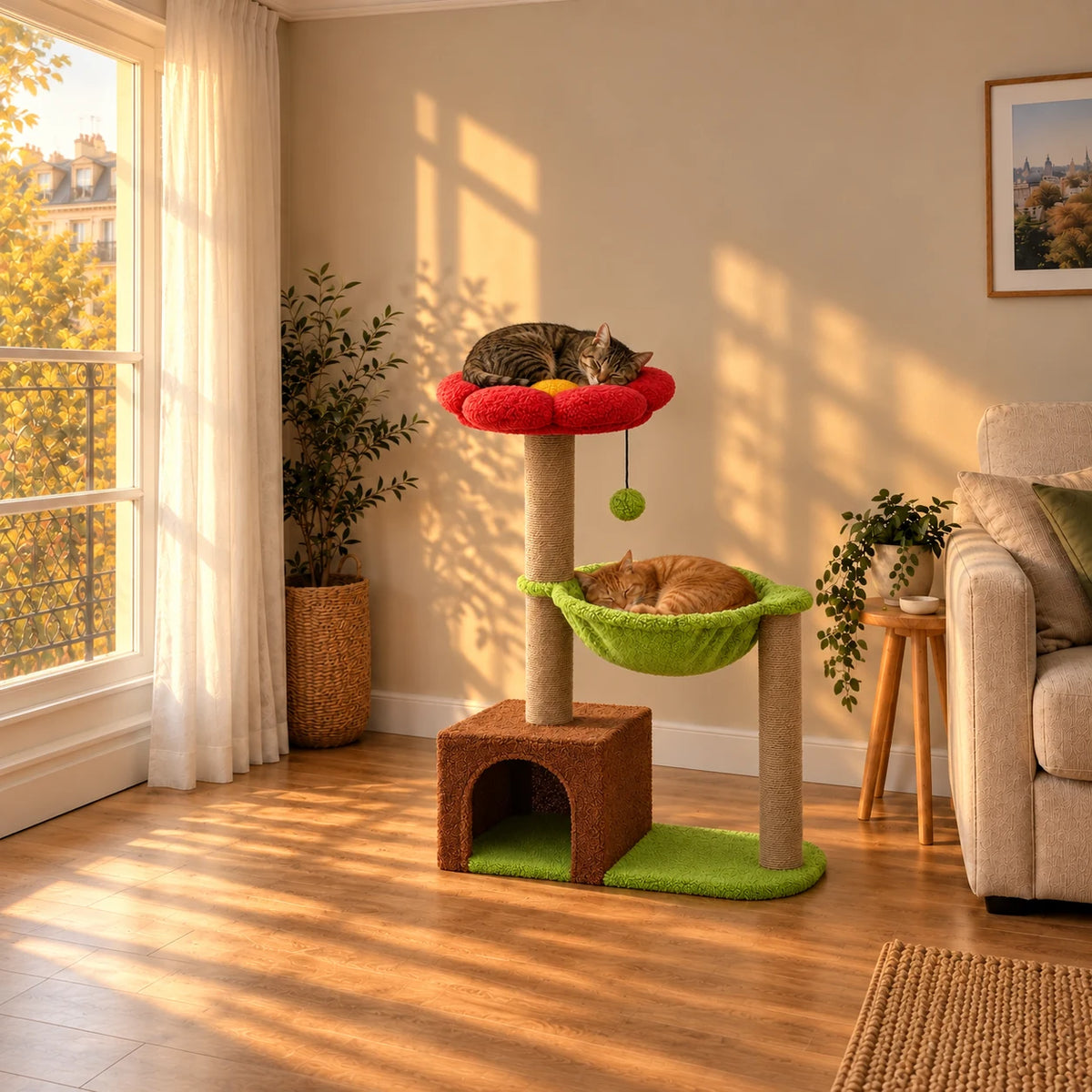 Arbre à chat Hickory brun et vert dans un salon au coucher du soleil avec deux chats endormis