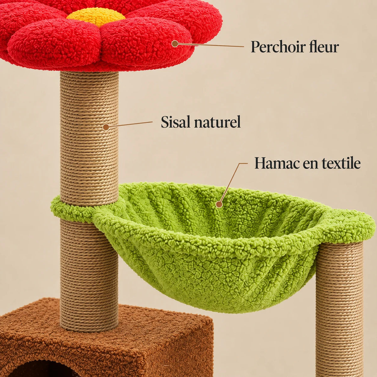 Détails du perchoir fleur rouge, du sisal naturel et du hamac vert de l’arbre à chat Hickory