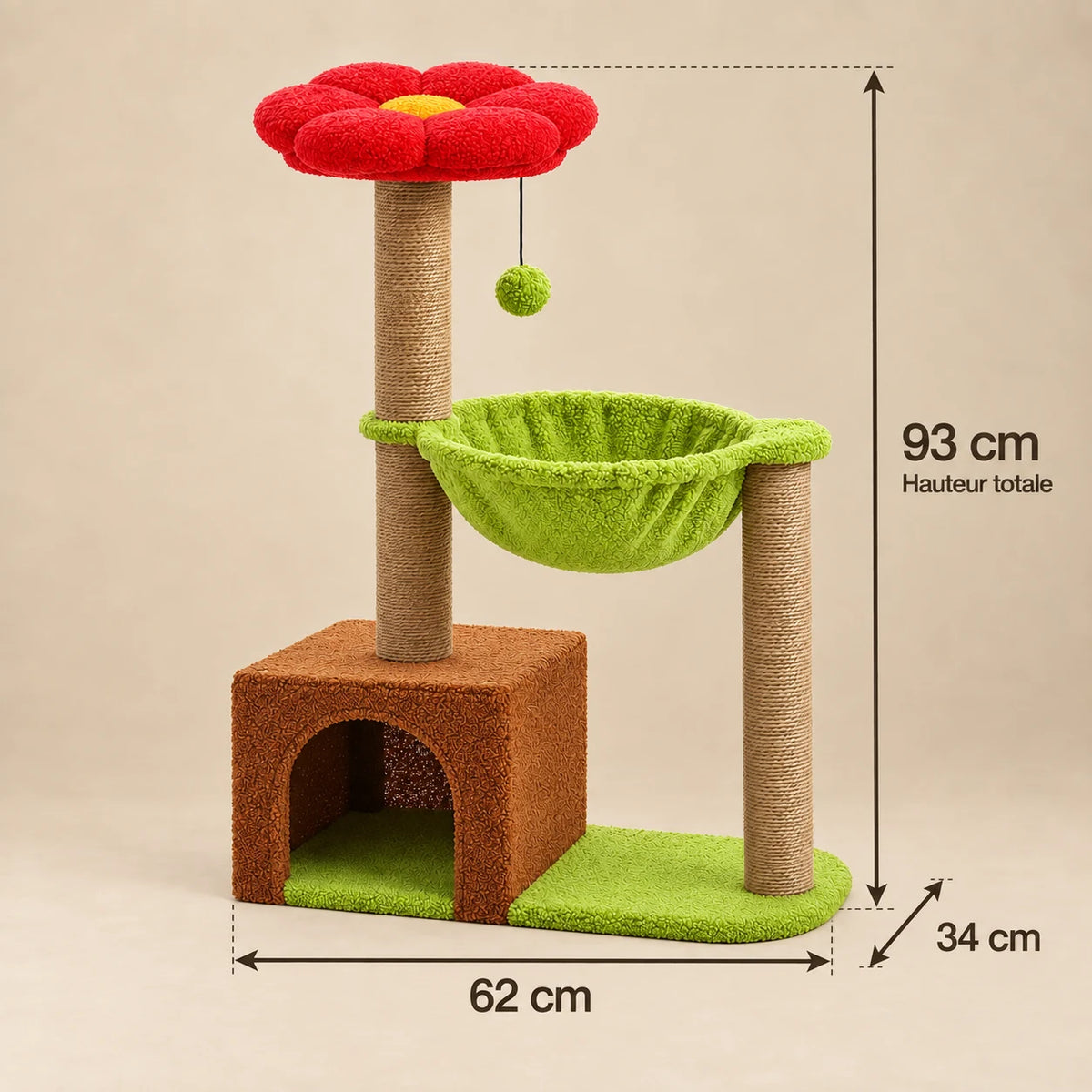 Dimensions vérifiées de l’arbre à chat Hickory : hauteur de 93 cm et base de 62 × 34 cm
