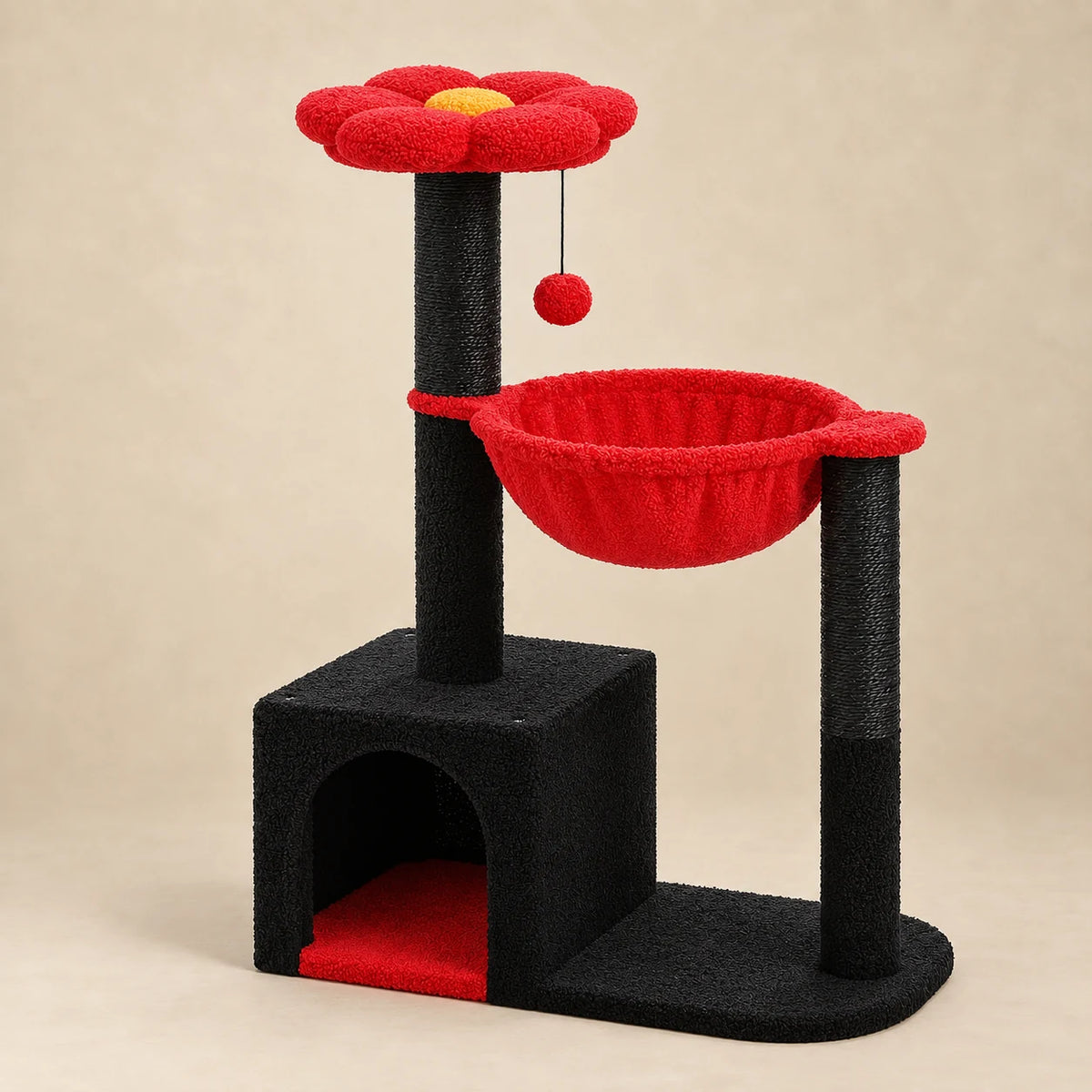 Arbre à chat Scarlet noir et rouge de 93 cm avec perchoir fleur, hamac rouge, niche noire et griffoirs sur fond beige