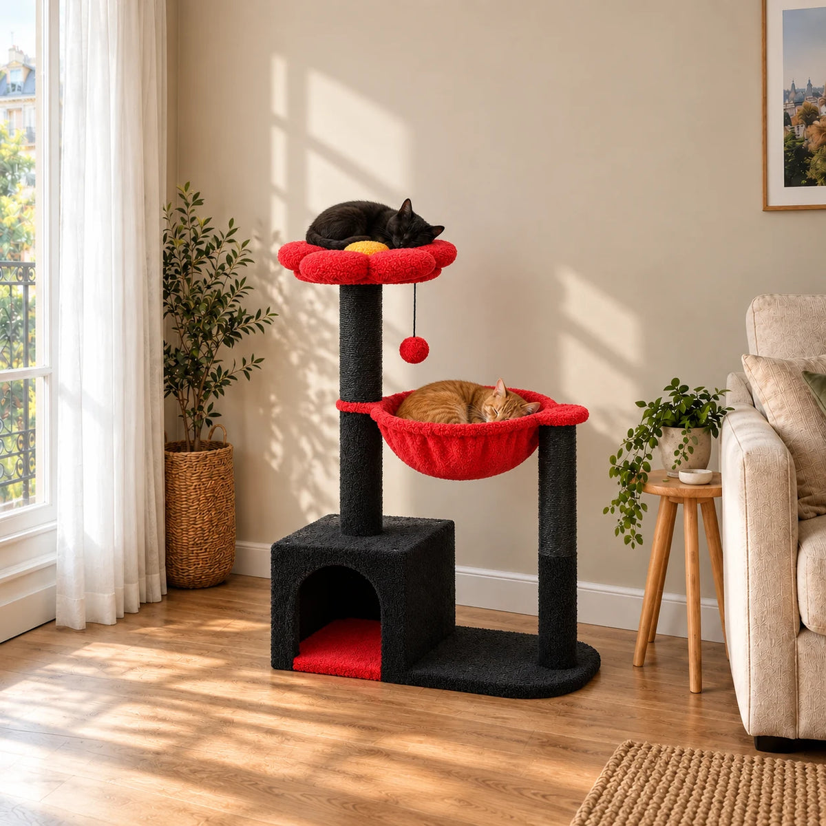 Arbre à chat fleur Scarlet dans un salon avec un chat noir endormi sur la fleur et un chat roux dans le hamac