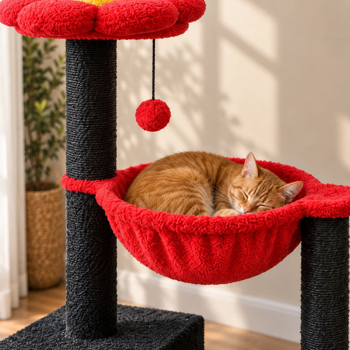 Gros plan d’un chat roux endormi dans le hamac rouge de l’arbre à chat Scarlet