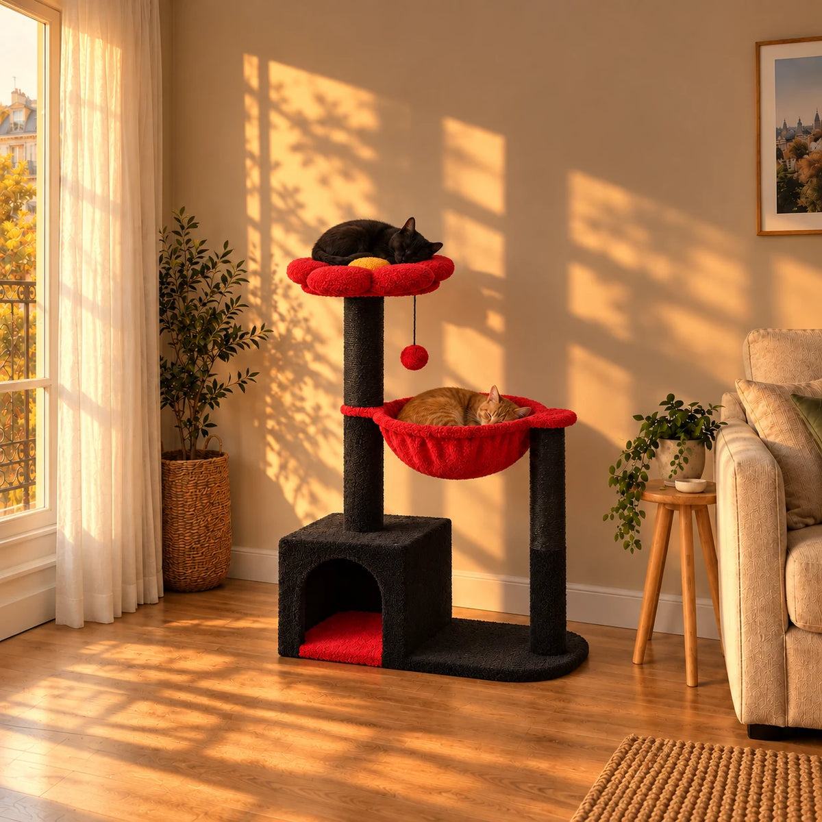 Arbre à chat Scarlet noir et rouge dans un salon au coucher du soleil avec deux chats endormis