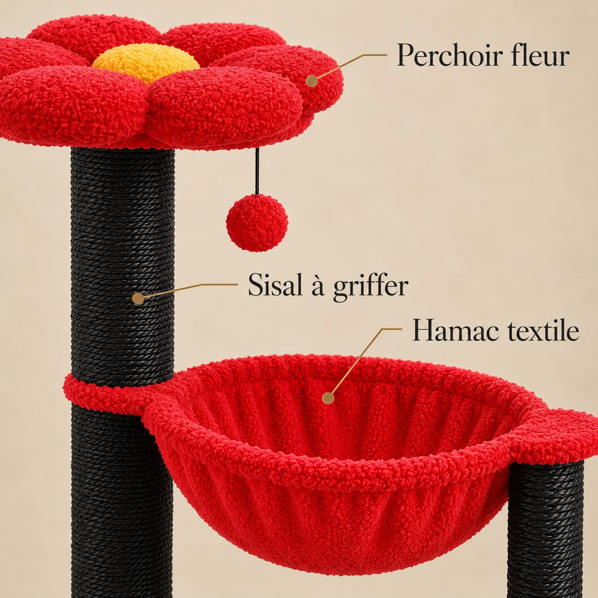 Détails du perchoir fleur rouge, du sisal noir à griffer et du hamac textile de l’arbre à chat Scarlet