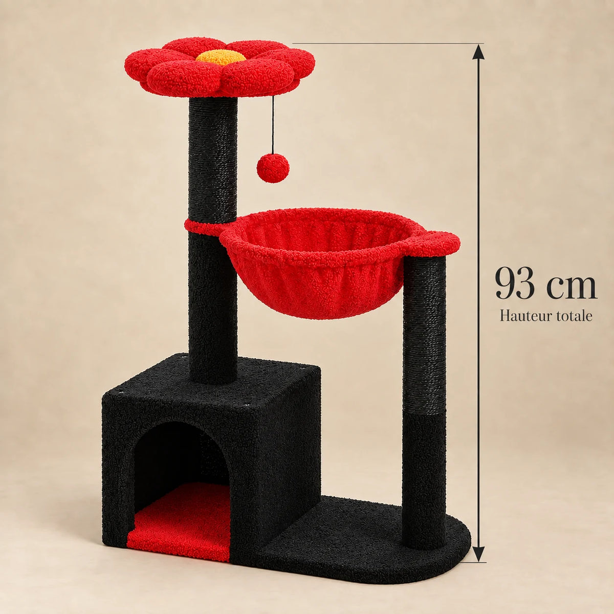Dimension vérifiée de l’arbre à chat Scarlet noir et rouge : hauteur totale de 93 cm