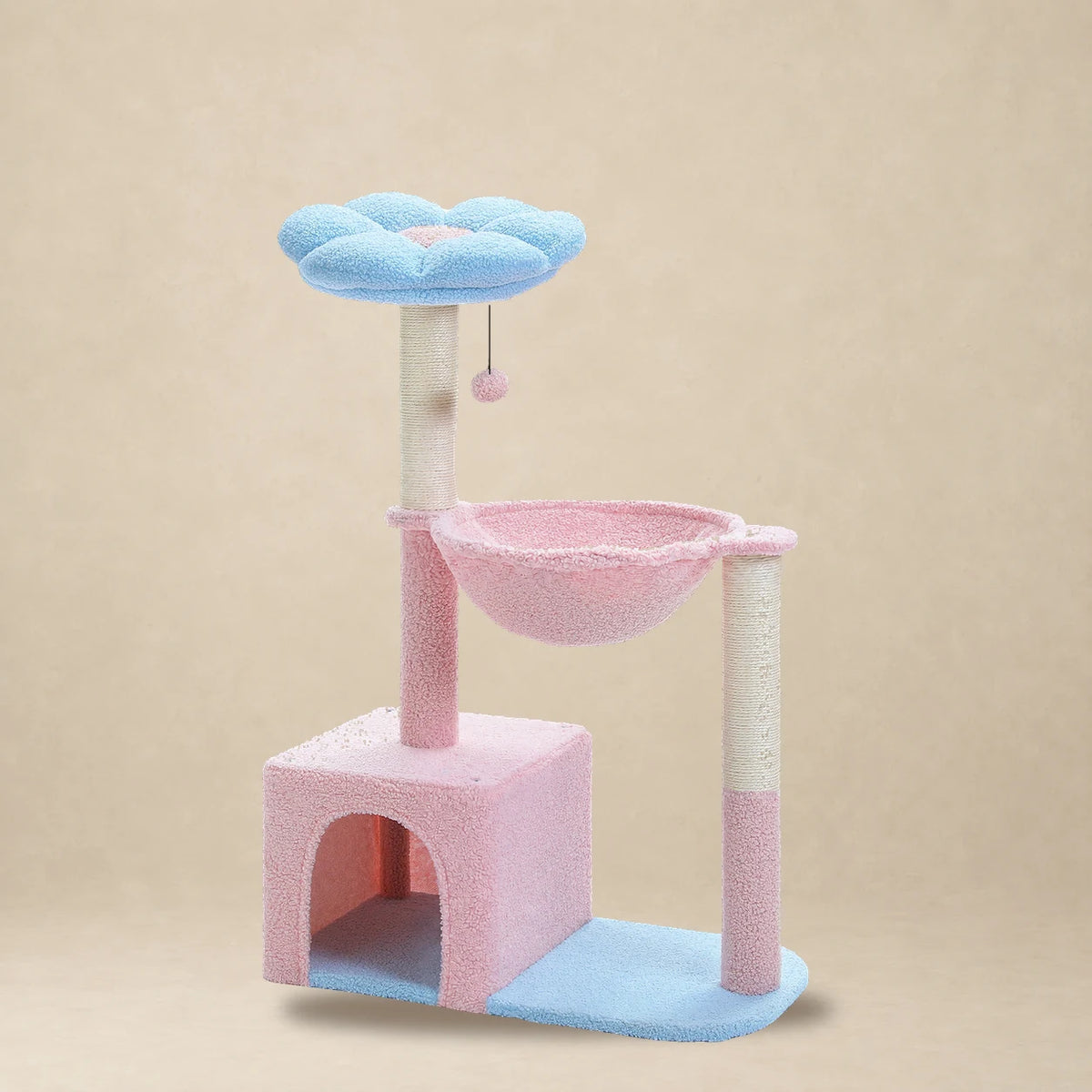 Arbre à chat fleur Cornflower rose et bleu de 93 cm avec hamac, niche et poteaux en sisal sur fond beige