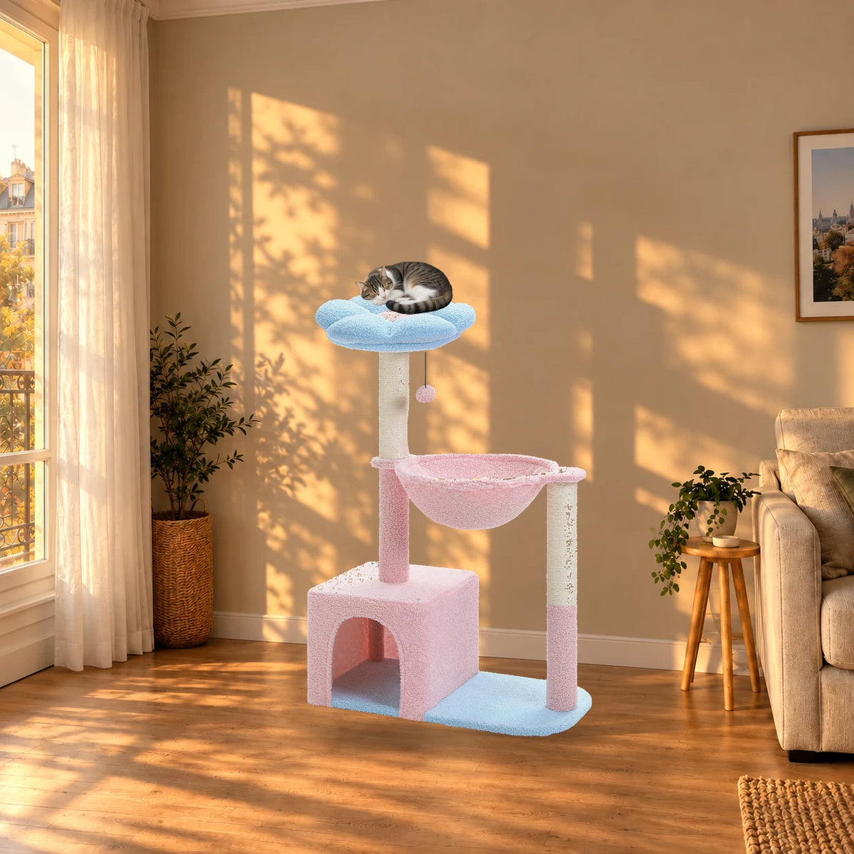 Arbre à chat fleur Cornflower dans un salon au coucher du soleil avec un chat endormi en hauteur