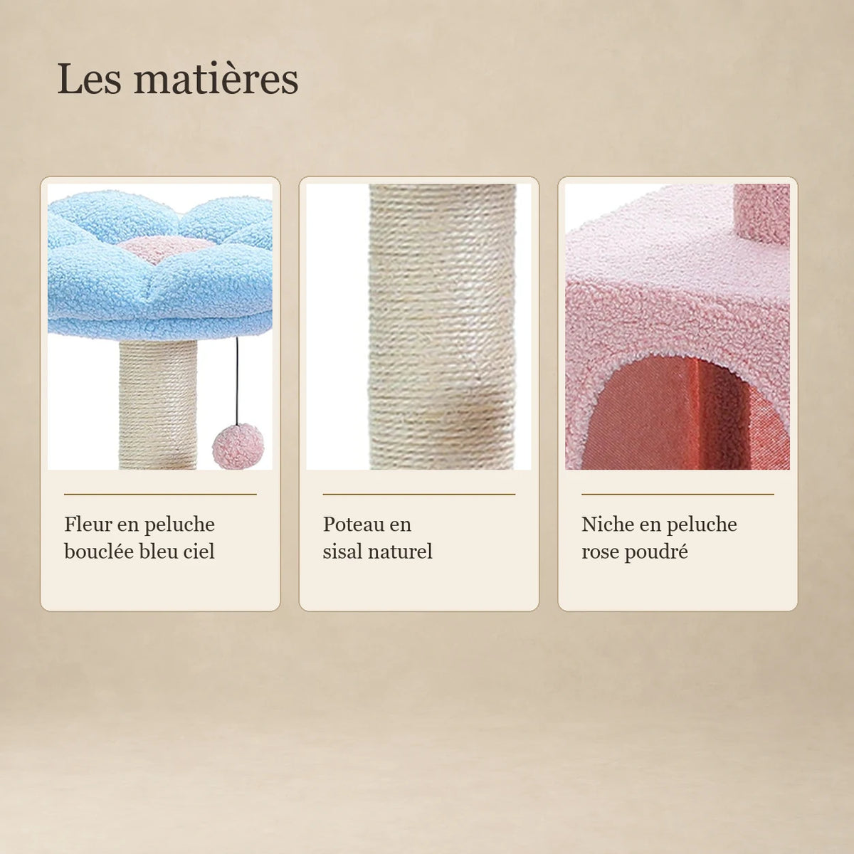 Détails de la peluche bouclée bleu ciel et rose et du poteau en sisal naturel de l’arbre à chat Cornflower