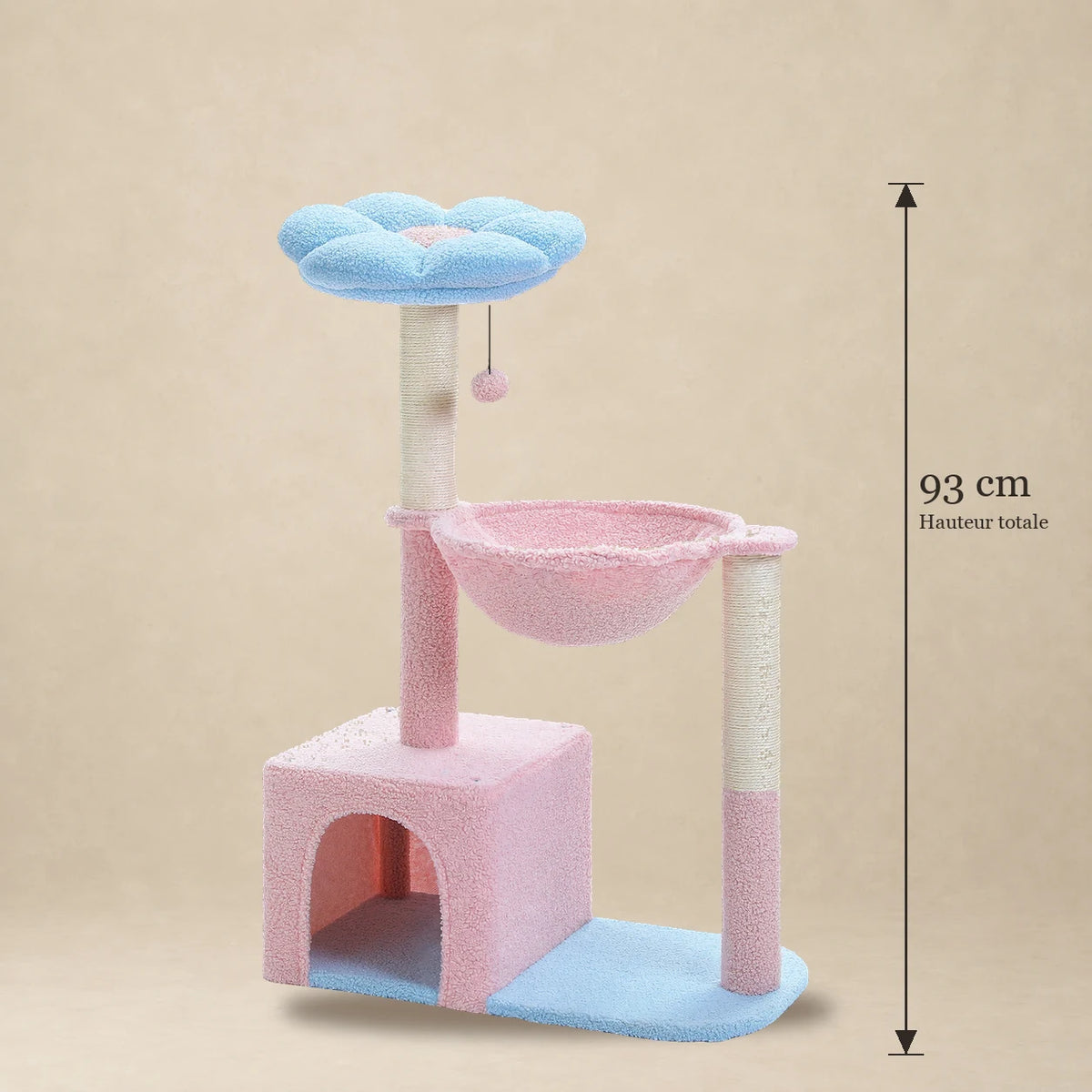 Dimensions de l’arbre à chat fleur Cornflower rose et bleu : hauteur totale de 93 cm