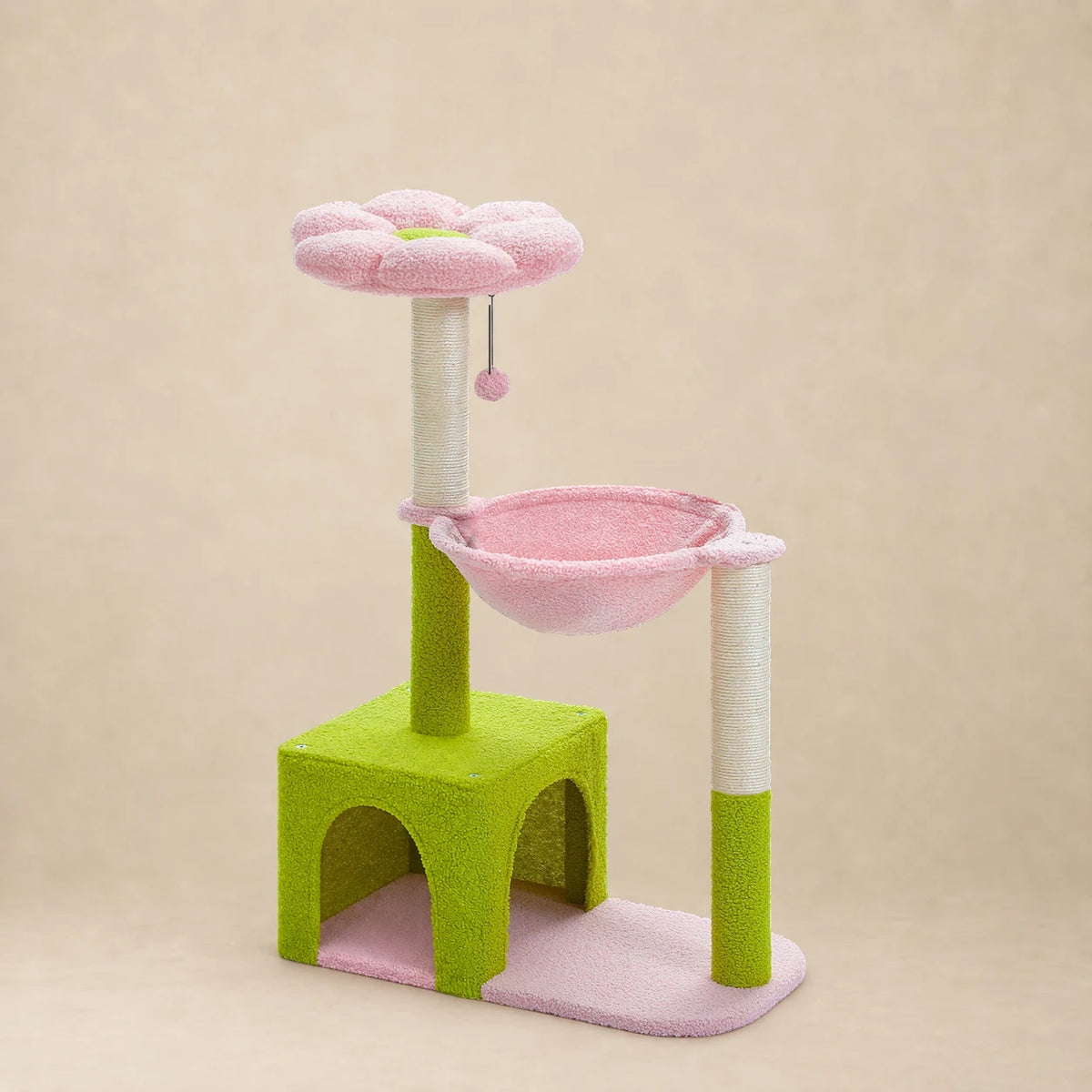 Arbre à chat fleur Petunia rose et vert de 93 cm avec hamac, niche et poteaux en sisal sur fond beige