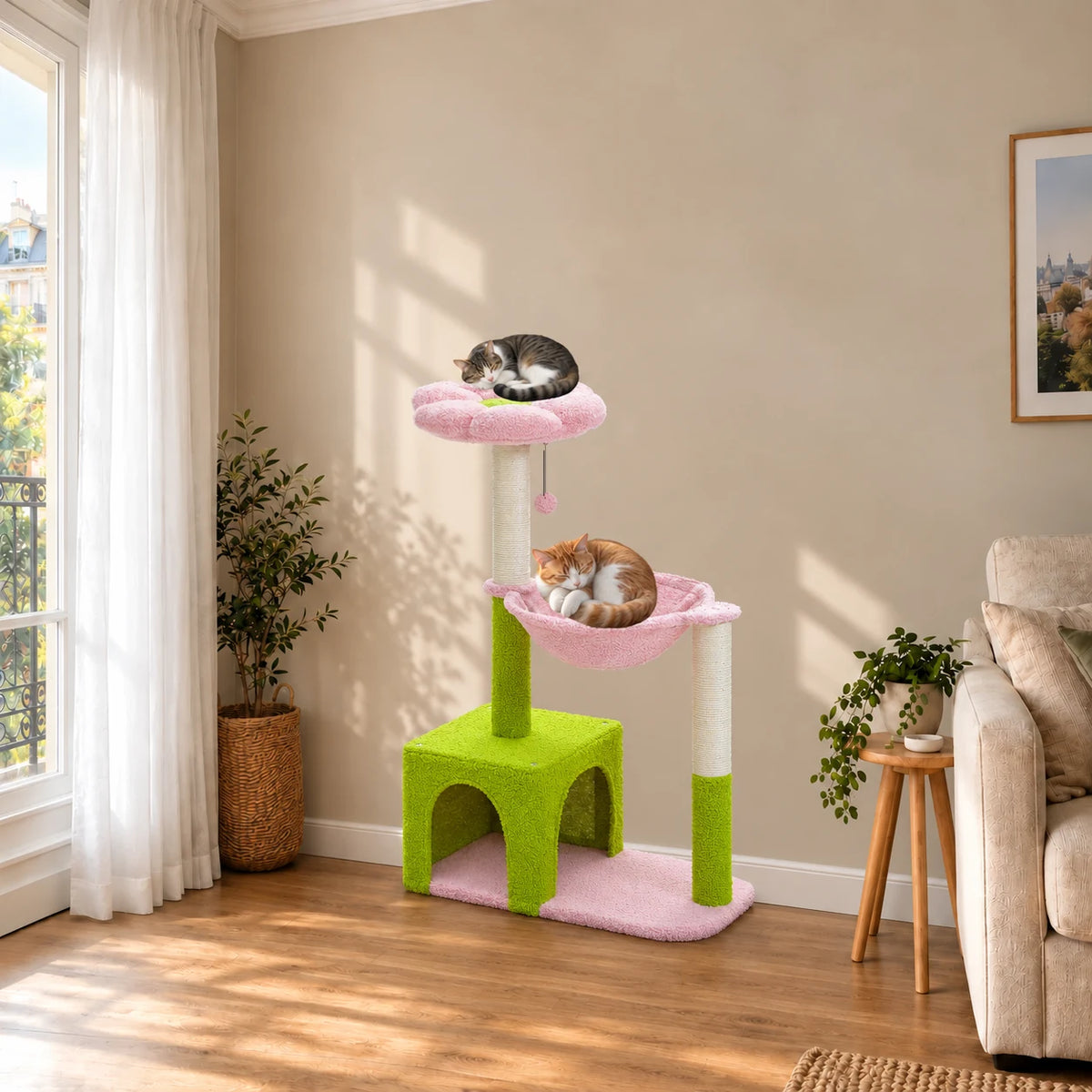 Arbre à chat Petunia rose et vert dans un salon avec deux chats endormis sur la fleur et dans le hamac