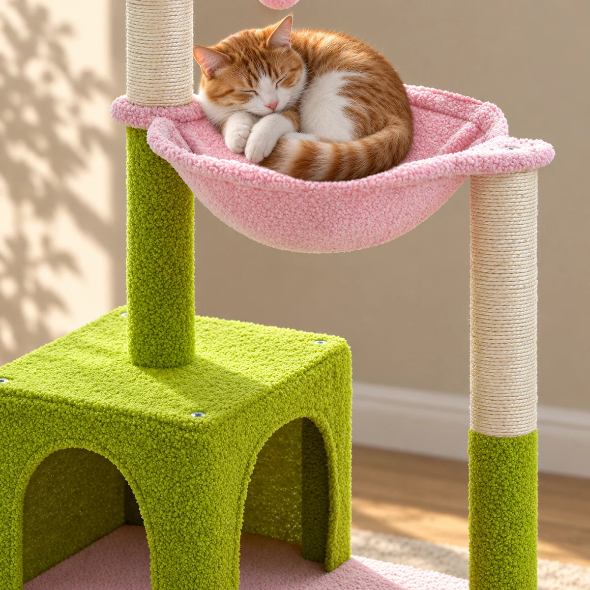 Gros plan d’un chat roux endormi dans le hamac rose de l’arbre à chat Petunia