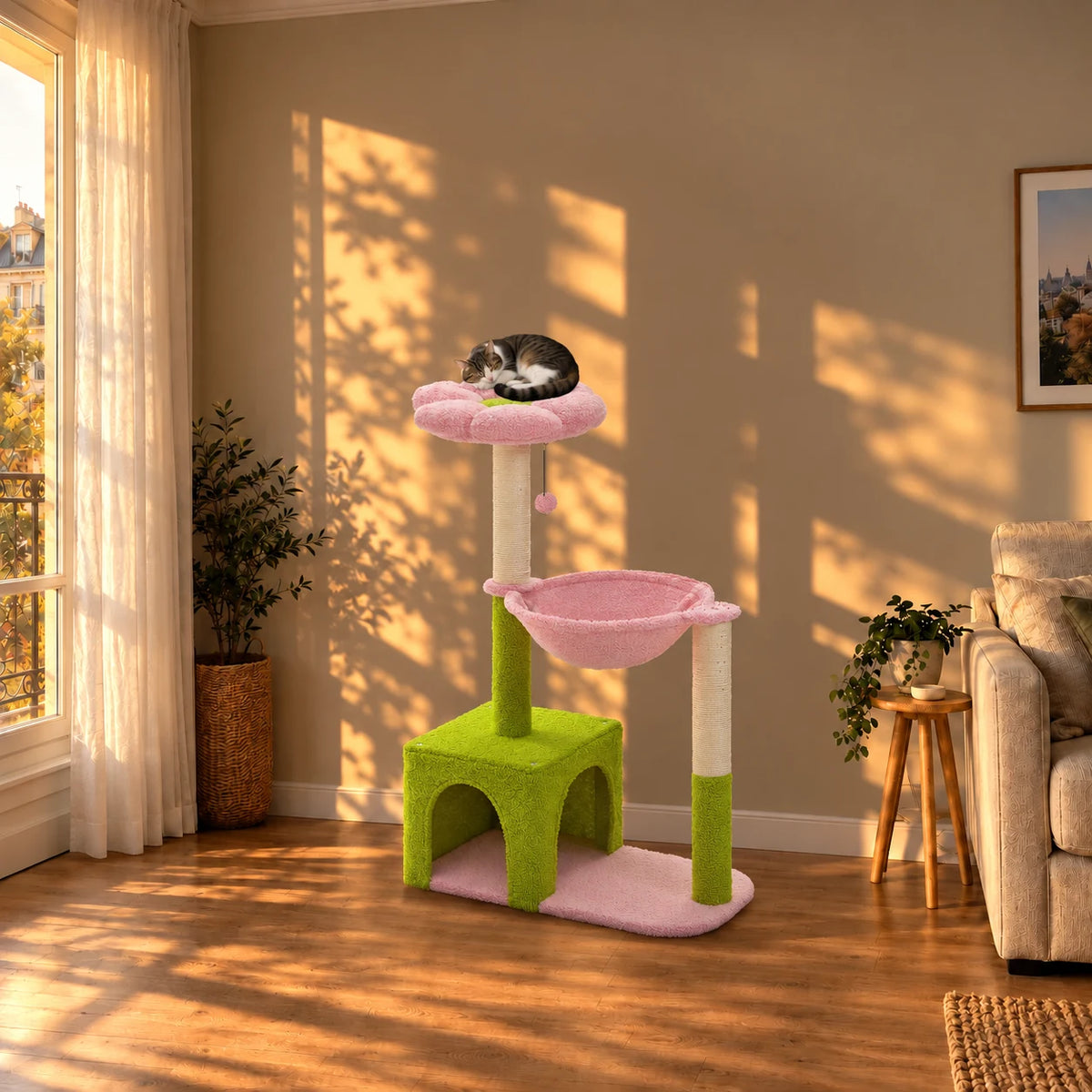 Arbre à chat fleur Petunia dans un salon au coucher du soleil avec un chat endormi en hauteur