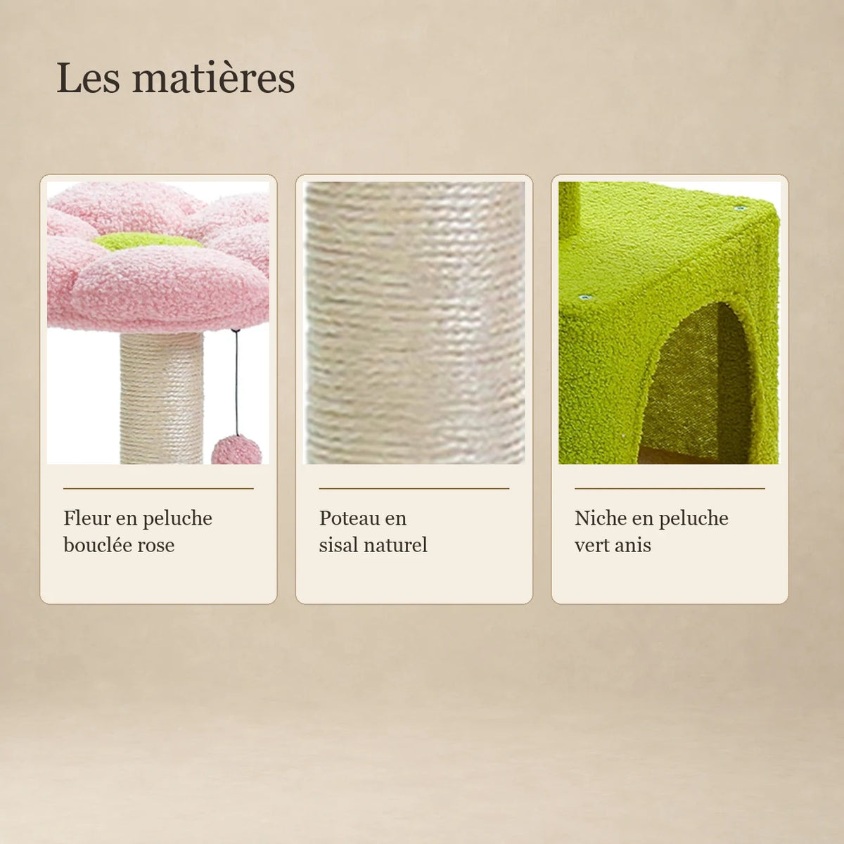 Détails de la peluche bouclée rose et vert anis et du poteau en sisal naturel de l’arbre à chat Petunia
