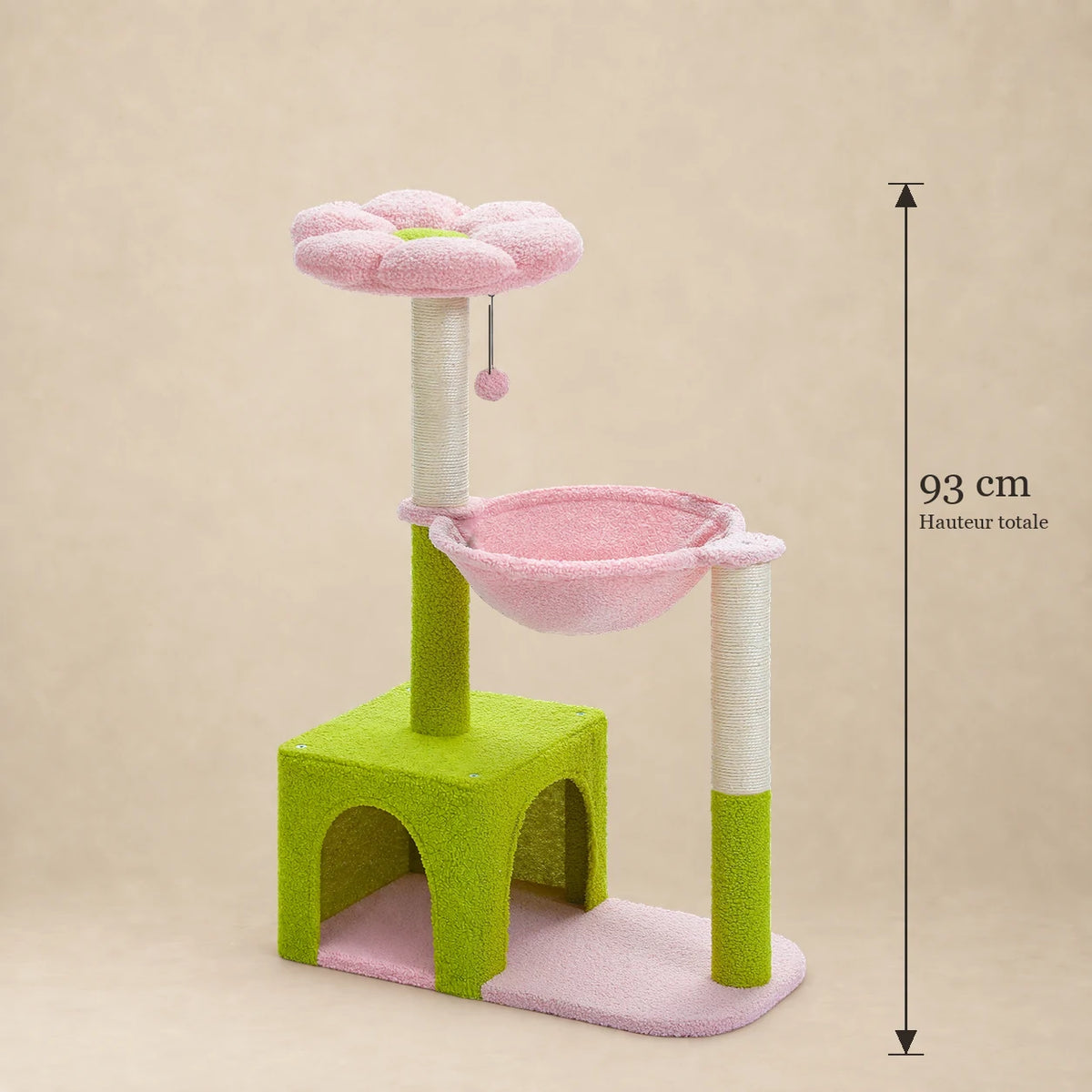 Dimensions de l’arbre à chat fleur Petunia rose et vert : hauteur totale de 93 cm