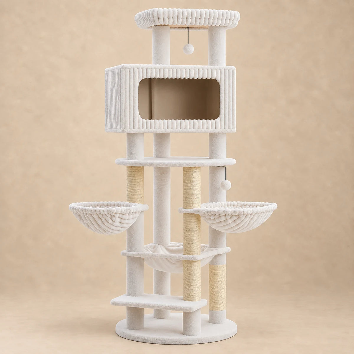Arbre à chat géant Colosse blanc de 188 cm, vue entière sur fond beige