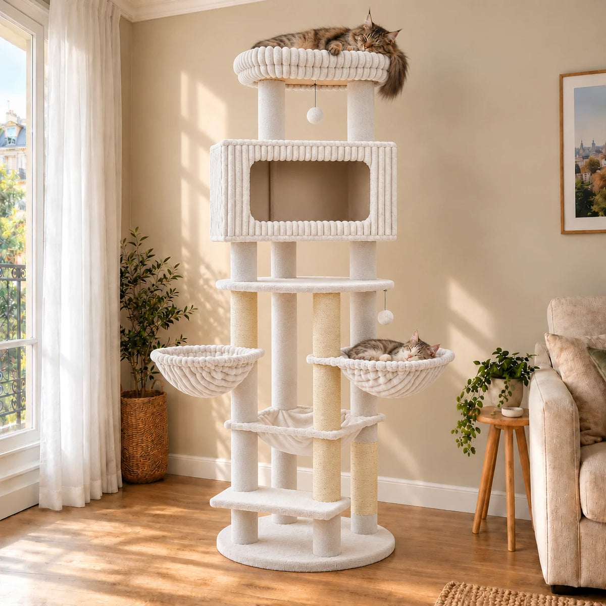 Arbre à chat Colosse blanc dans un salon avec deux chats endormis