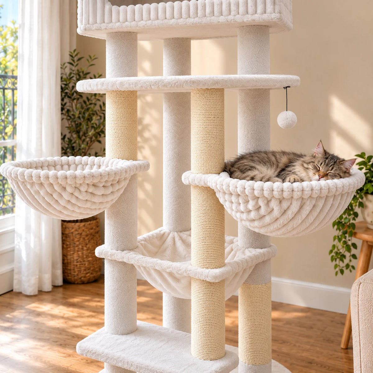 Chat endormi dans un hamac blanc de l'arbre à chat Colosse avec poteaux clairs