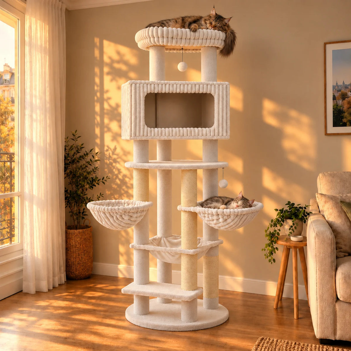Arbre à chat Colosse blanc dans le salon au coucher du soleil avec deux chats endormis