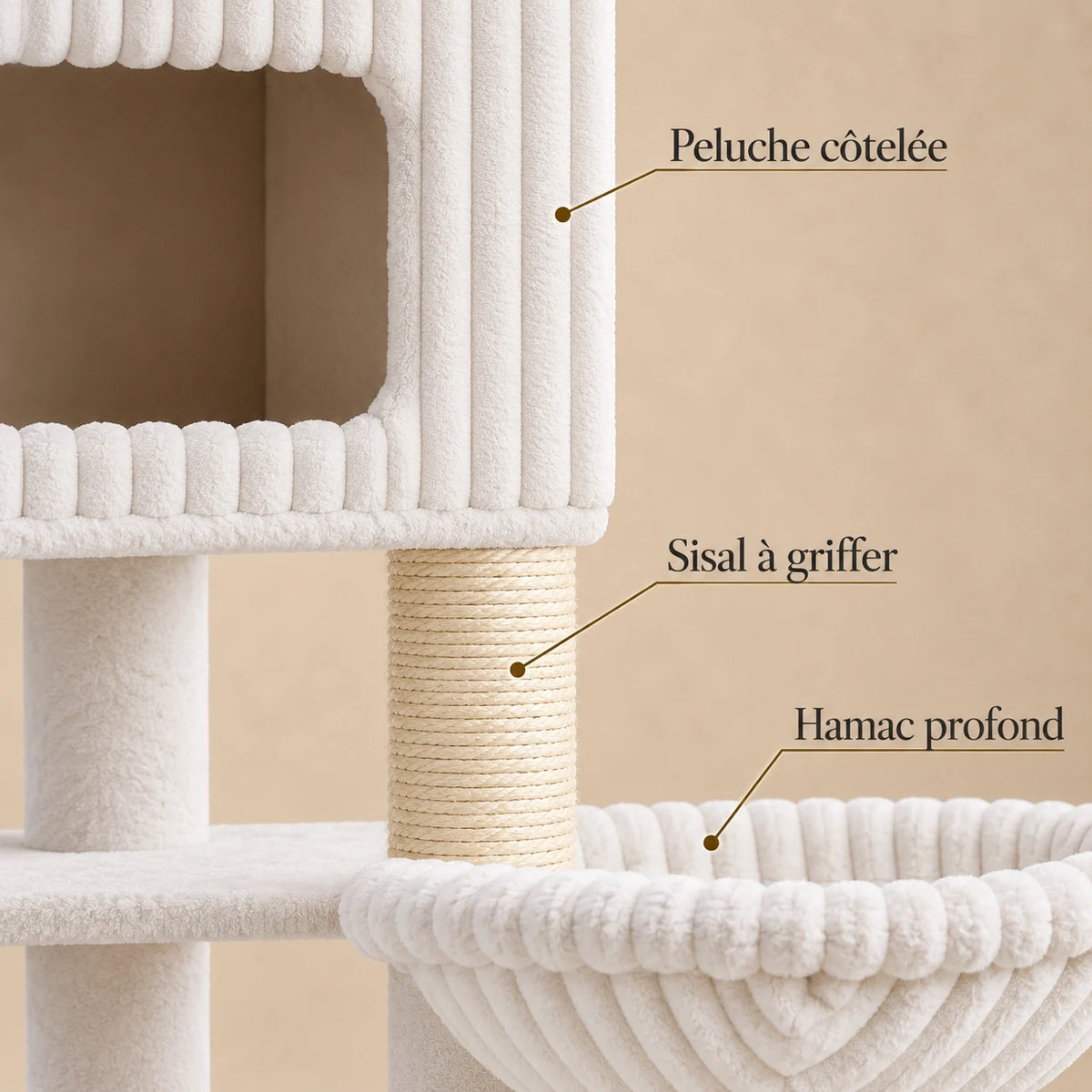 Détails de Colosse blanc : niche en peluche côtelée, sisal crème et hamac profond