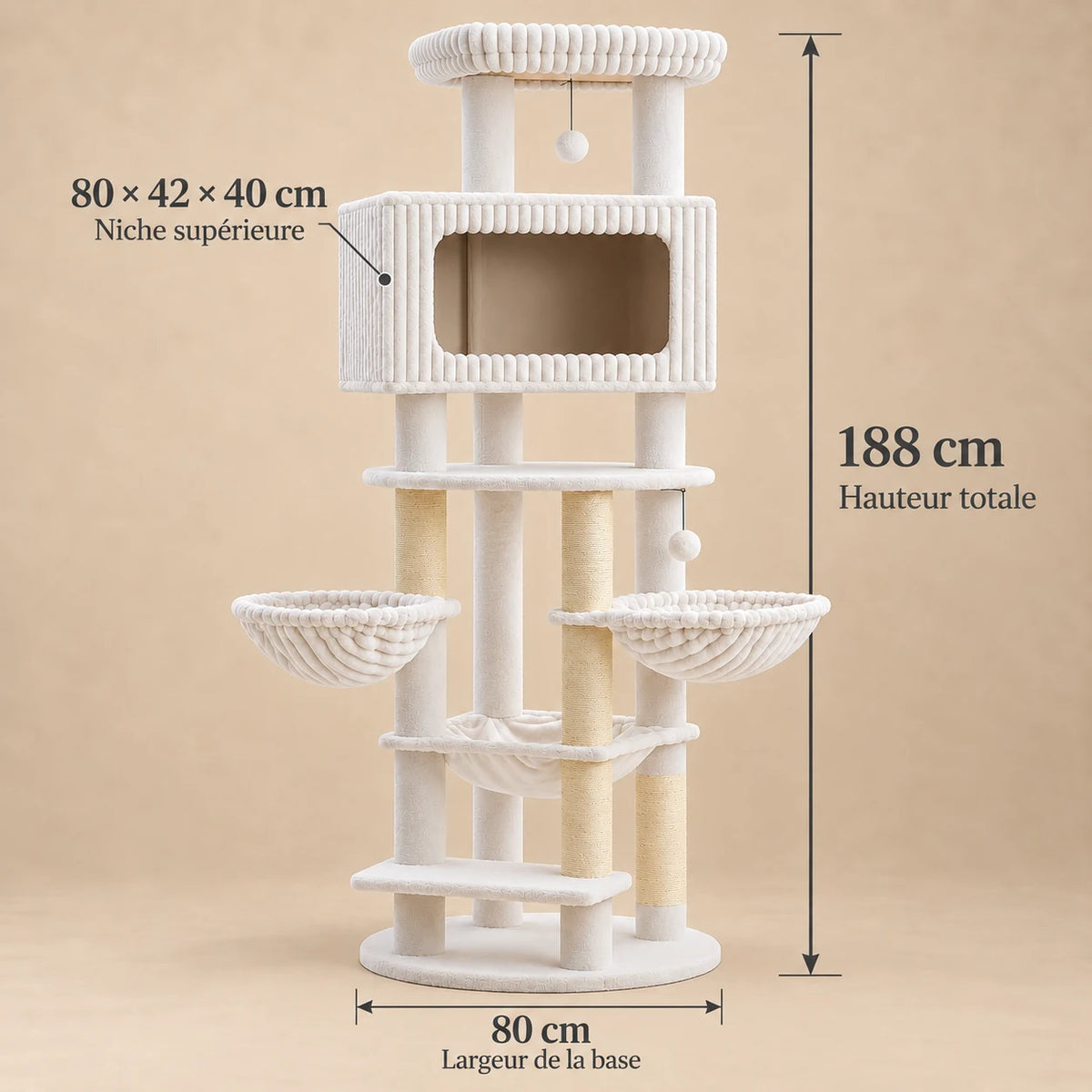 Dimensions de Colosse blanc : 188 cm de haut, base de 80 cm et niche supérieure de 80 × 42 × 40 cm
