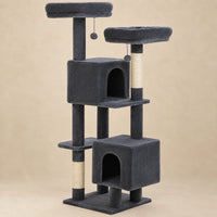 Arbre à chat Bramble gris anthracite de 133 cm avec deux niches et deux perchoirs sur fond beige